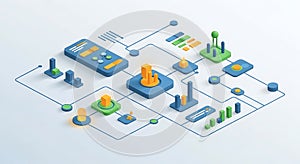 Isometric Data Flow Diagram Technology Network, Analytics, and Connection