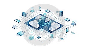 An isometric illustration of cloud computing and data storage technology