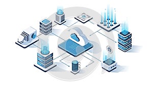 An isometric illustration of a cloud computing network with various servers and data storage devices