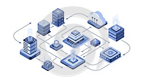 An isometric illustration of a complex network system with interconnected servers and data storage devices