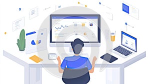 Isometric Office Workspace with Data Analysis