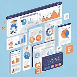 Isometric illustration of digital dashboards and data analytics interfaces. Displays