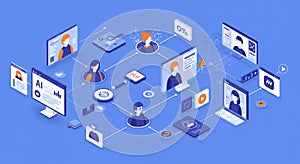 Isometric illustration of a digital network featuring various technology-related