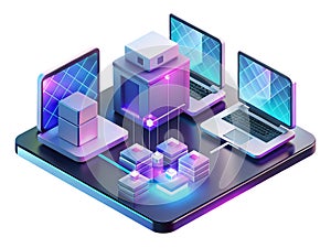 Futuristic digital network connecting servers and laptops