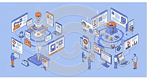 Isometric illustration of a digital workspace featuring various devices and screens,