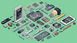 An isometric illustration of a disassembled smartphone with various tools and components
