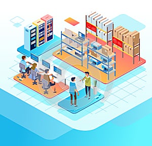 Isometric illustration of an e-commerce company, administrators work in an office, goods stock is in a warehouse, and a server to