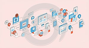 Isometric illustration featuring digital communication and technology elements on a