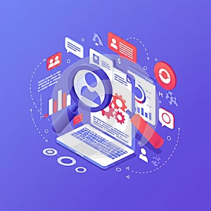 Isometric illustration featuring a laptop with digital interface