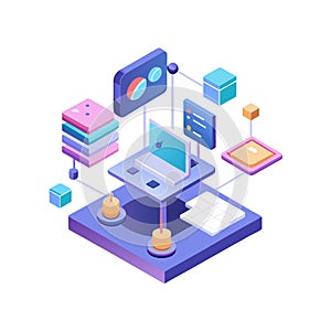 Isometric Network Illustration of a Laptop and Data Nodes on a Central Platform