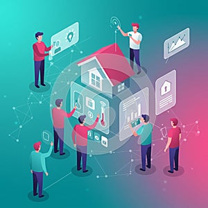 Isometric illustration featuring several men interacting with digital interfaces