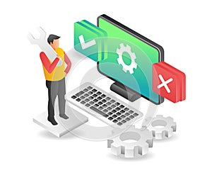 Isometric illustration flat concept of man servicing software update