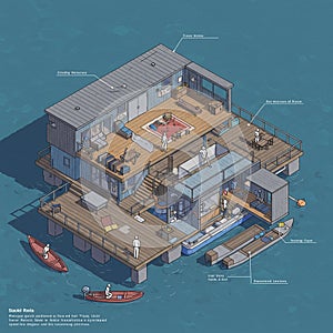 Isometric illustration of a floating house on water, featuring a