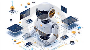 Futuristic AI Robot Analyzing Data on Digital Interface