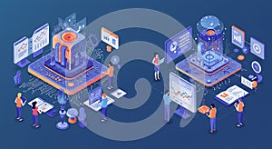 Isometric illustration of a futuristic data processing concept. On the left, a machine