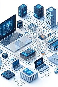 Isometric illustration of interconnected AI devices and cloud computing systems