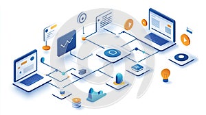 Isometric illustration of interconnected network of laptops, data, and digital elements representing data flow and digital
