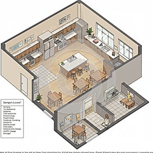 Isometric illustration of a kitchen layout featuring an open floor