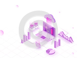 Isometric illustration of laptop connected to cloud with 3D bar