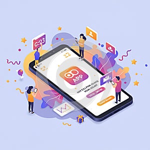 Isometric illustration of a large smartphone displaying an app interface with the word