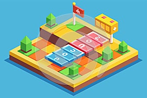 Isometric illustration of a map featuring a bus stop in a flat design style, Hopscotch Customizable Isometric Illustration