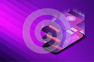 Isometric illustration of a mobile technological interface. Gradient purple background. Vector illustration