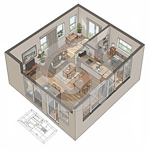 Isometric illustration of a modern apartment layout featuring an