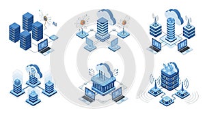 Isometric illustration of modern cloud computing, data center infrastructure, and ai integration