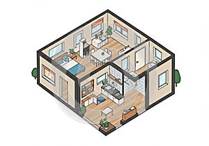 Isometric illustration of a modern, compact apartment layout. Features include a
