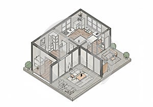 Isometric illustration of a modern, compact apartment layout. Features include a