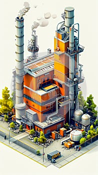 Isometric Illustration of a Modern Industrial Factory with Smokestacks, Manufacturing Building with Trees