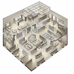 An isometric illustration of a modern library interior with multiple sections. Features