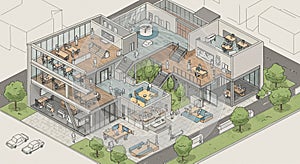 An isometric illustration of a modern, multi-level office space. The building features