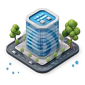 Modern Blue Office Building in City, Isometric View