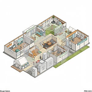 Isometric illustration of a modern office layout featuring various rooms and