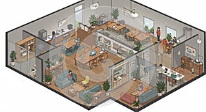 An isometric illustration of a modern office space featuring multiple work zones and