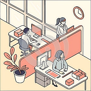 Isometric Illustration of Modern Office Workers at Desks