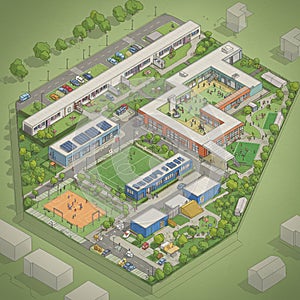 Isometric illustration of a modern school campus. The layout