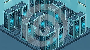 Isometric illustration of modern server room with racks and cables