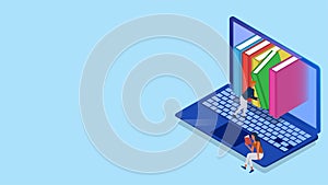 Isometric illustration of Online Library from laptop, man character manage the library for E-Book.