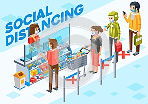 Isometric illustration of people doing social distancing when they .make payment at the cashier in supermarket
