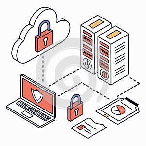 Secure data network and cloud protection with devices isometric illustration