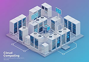 Isometric illustration of a server room depicting cloud computing