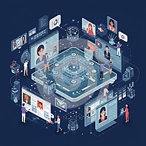 Isometric illustration showing a digital network environment.