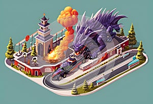 an isometric illustration showing a dragon that is attacking a train