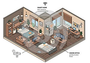Isometric illustration of a smart home featuring a bedroom and home office. The