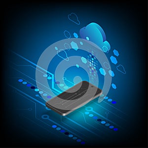 Isometric illustration of smartphone and cloud computing technology