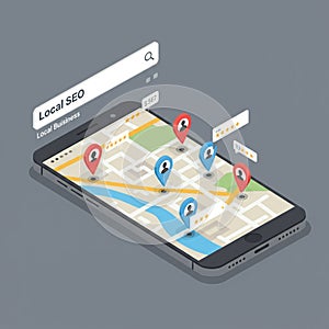 Isometric illustration of a smartphone displaying a map interface, featuring various