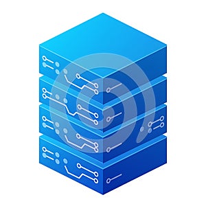 Isometric Illustration of a Stack of Blue Servers Representing Data Storage and Network Infrastructure