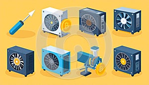 Isometric illustration of various computer components, including